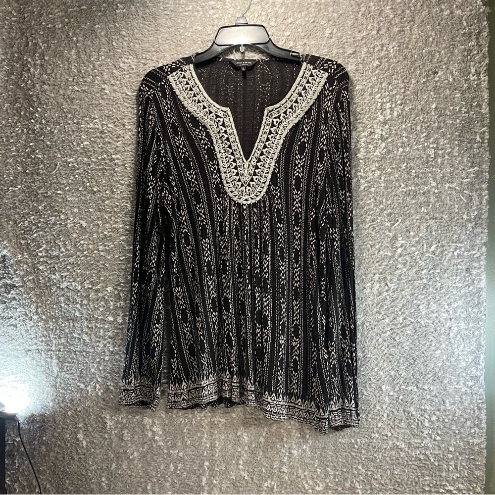 Lucky Brand Drop Needle Embroidered Long Sleeve Top Blouse L Peasant Bohemian